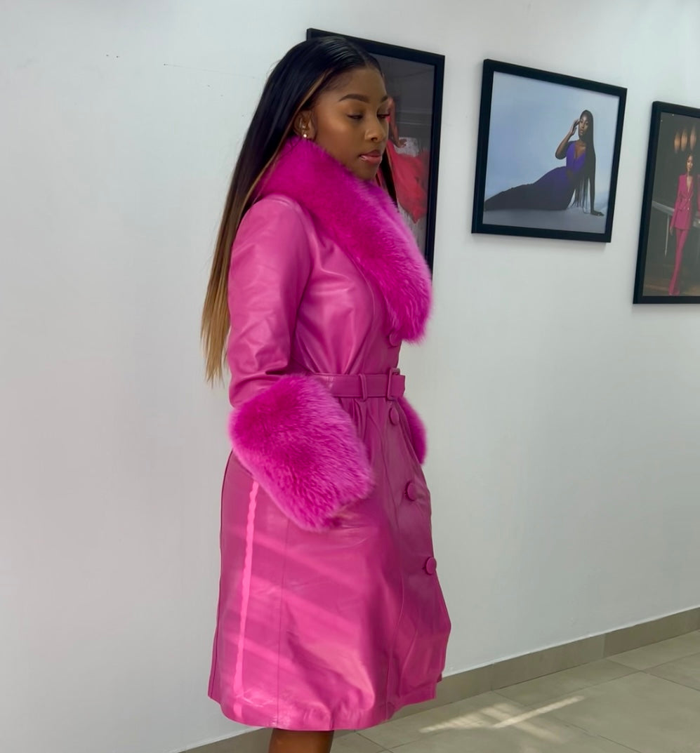 Pink leather fur coat