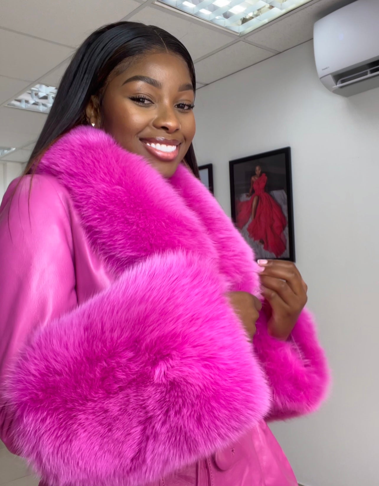 Pink leather fur coat