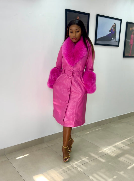 Pink leather fur coat