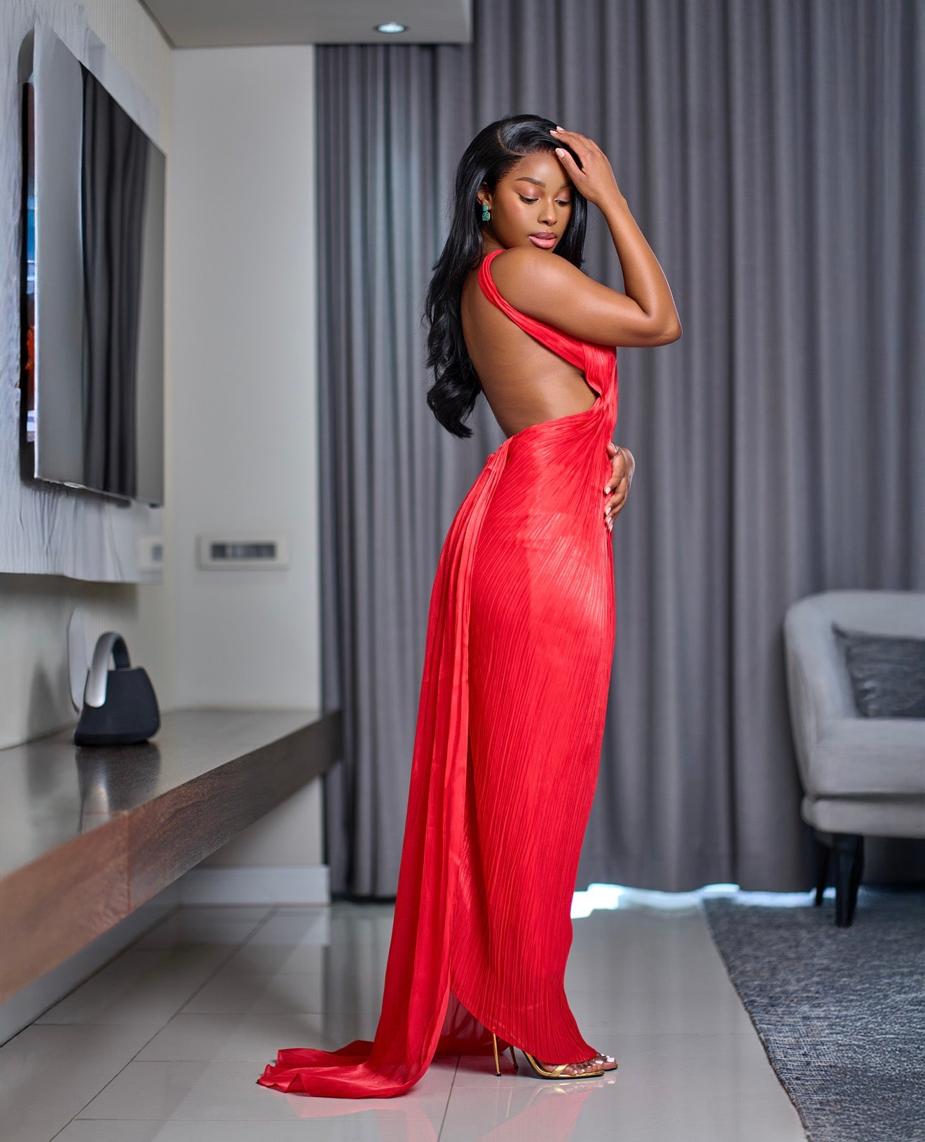 Red open back maxi